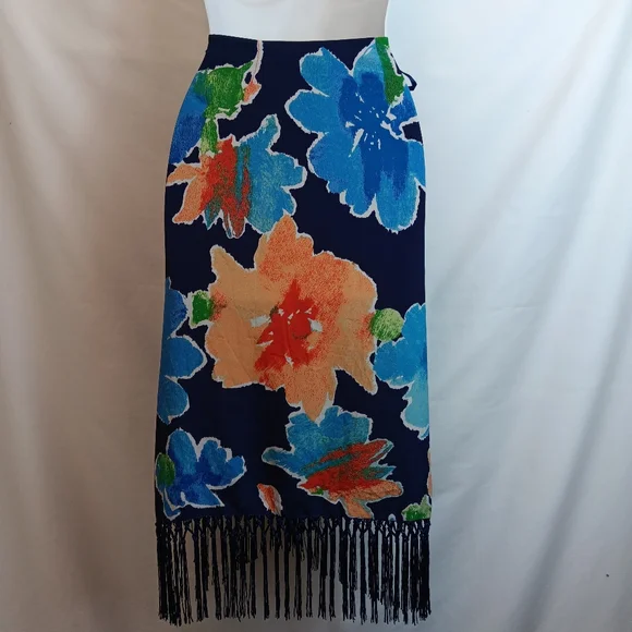 *NEW Lauren Ralph Lauren Fringe Trim Floral Crepe Skirt Size 8